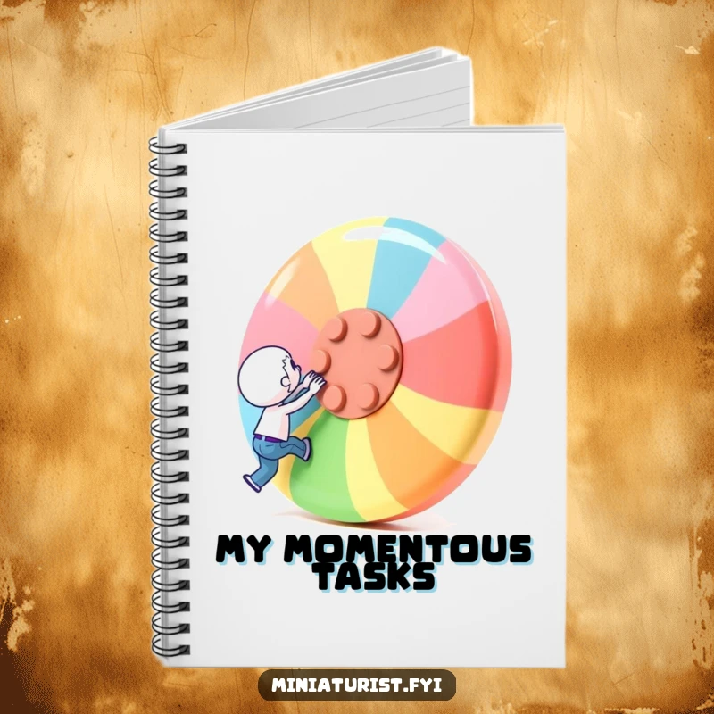 Funny Notebook: A miniature character attempts to lift a giant button, inspiring effort on every page.