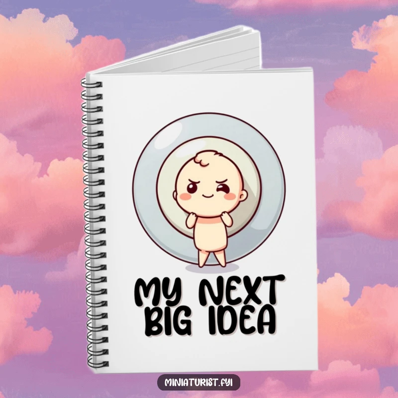 Funny button pusher notebook with a determined character attempting to push a colossal button, perfect for jotting down big ideas.