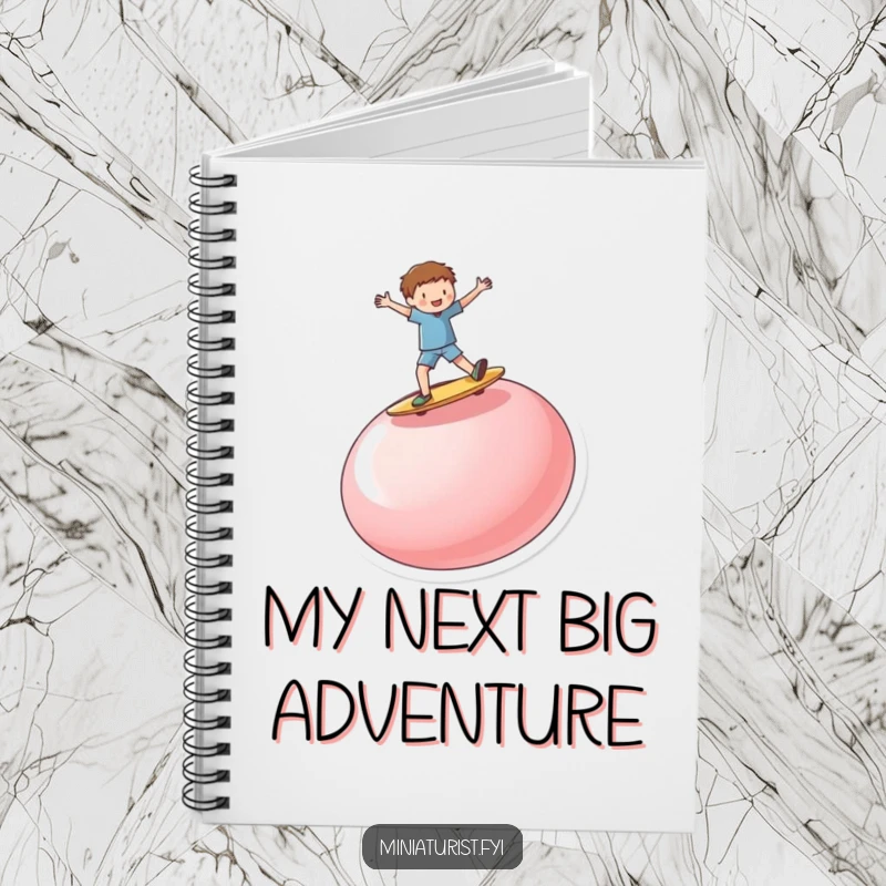 Funny miniature person enthusiastically surfing on a ridiculously large, upturned button, inside a handy notebook for all your ideas.