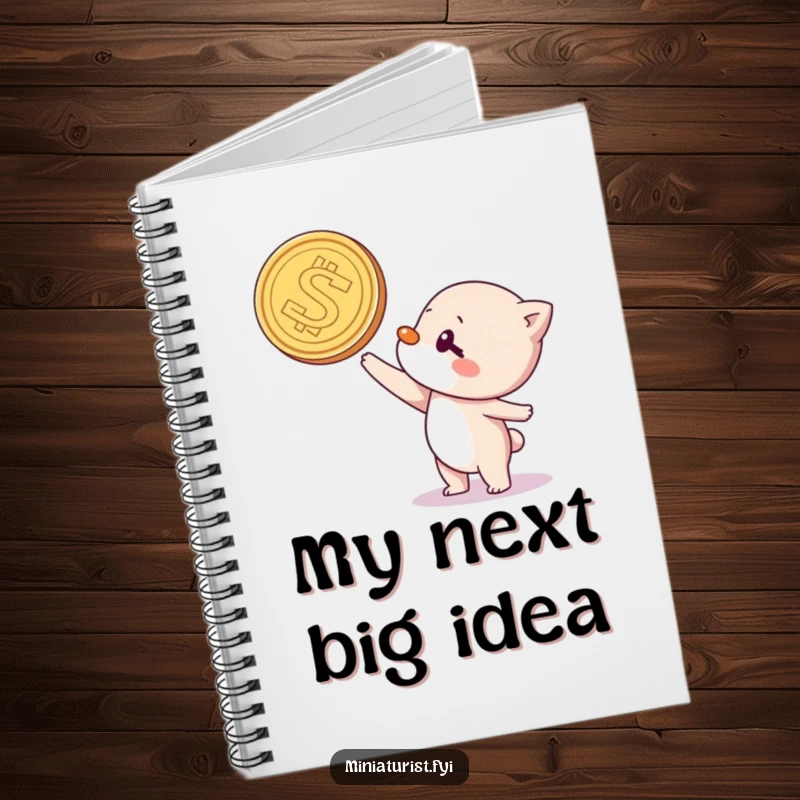 Funny notebook cover with a character attempting to balance a large coin on its nose, promoting creative and humorous note-taking.