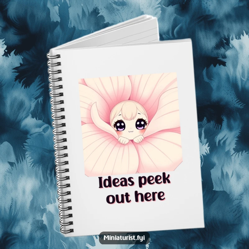 Funny curious flower notebook with a character peeking from a giant flower petal, perfect for jotting down curious thoughts.