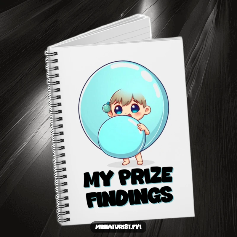 Funny notebook featuring a small person surprised and delighted holding an enormous shiny button, ideal for journaling.