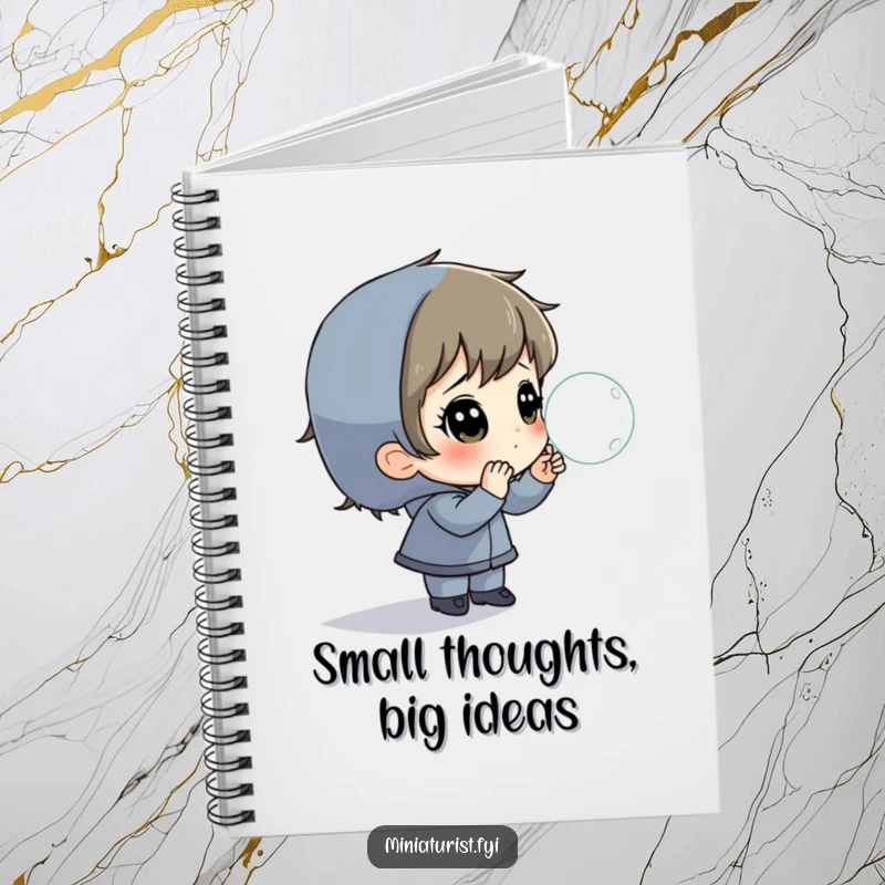 Funny Notebook cover art of a tiny person observing a magnified dewdrop, ideal for note-taking.