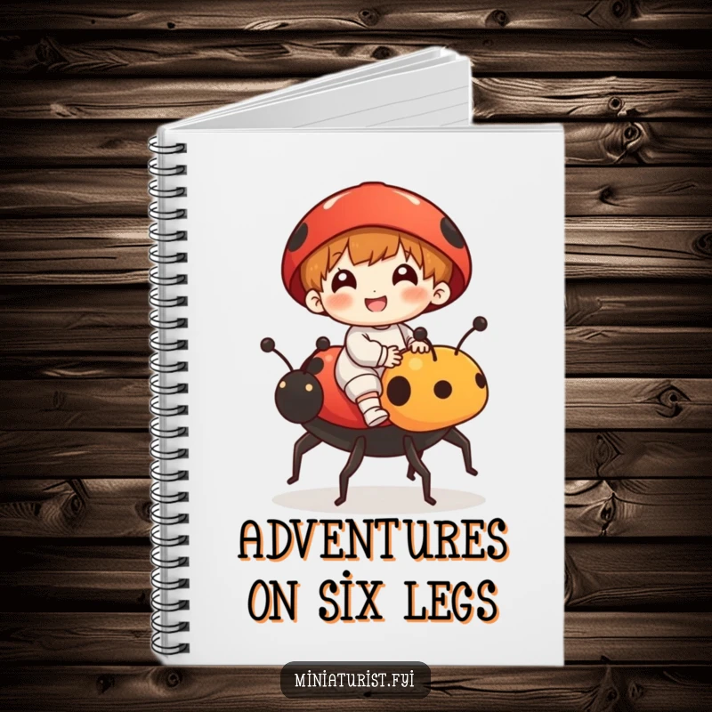 Funny notebook cover showing a small character riding a ladybug, conveying a sense of tiny adventure and playful humor.