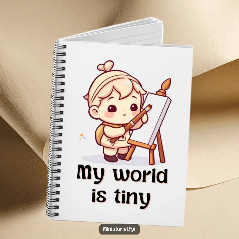Funny notebook cover displaying a miniaturist character using a colossal paintbrush to paint a tiny dot, ideal for creative minds.