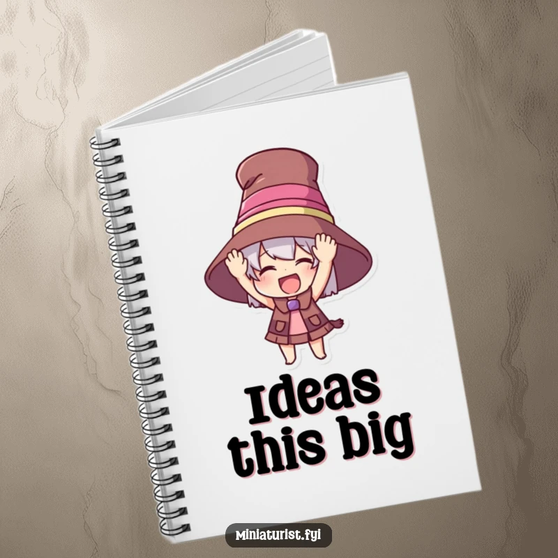 Funny notebook cover with a miniature character excited about an oversized hat, symbolizing big dreams and playful ideas.
