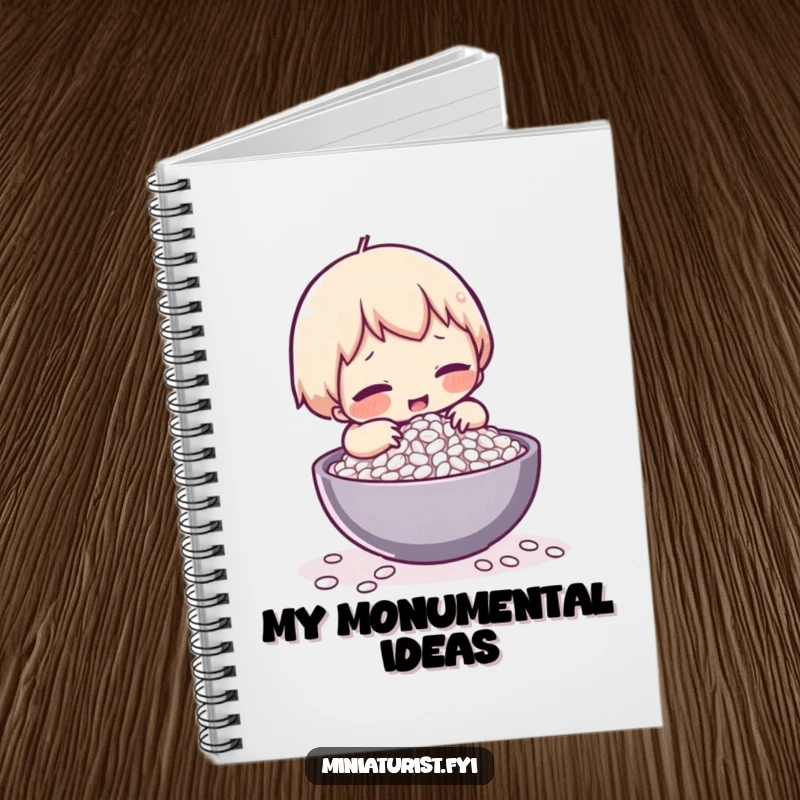 Funny notebook featuring a tiny character comically struggling to lift a single grain of rice, perfect for note-taking.