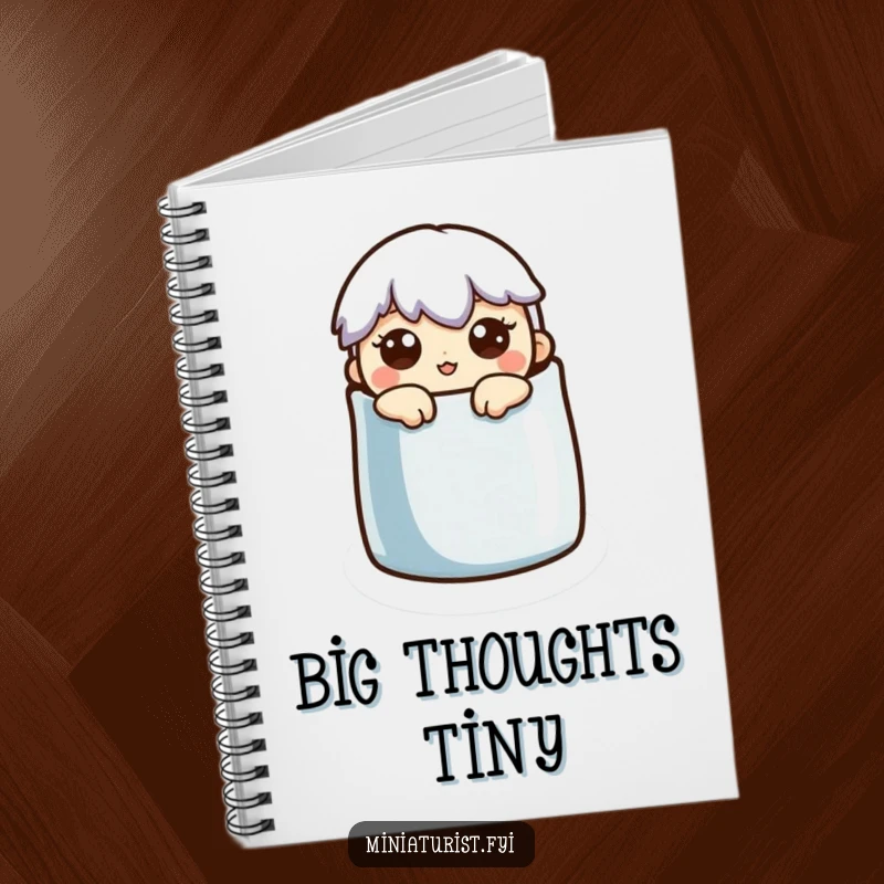 Funny Notebook: A miniature character peeks with a surprised look from inside a thimble, inspiring notes.
