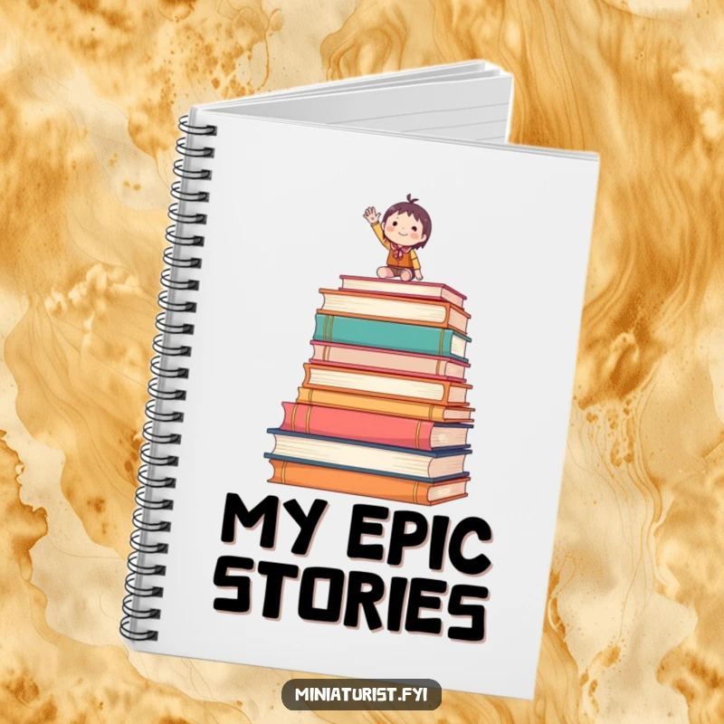 Funny notebook featuring a tiny figure waving enthusiastically from atop oversized books, ideal for journaling.