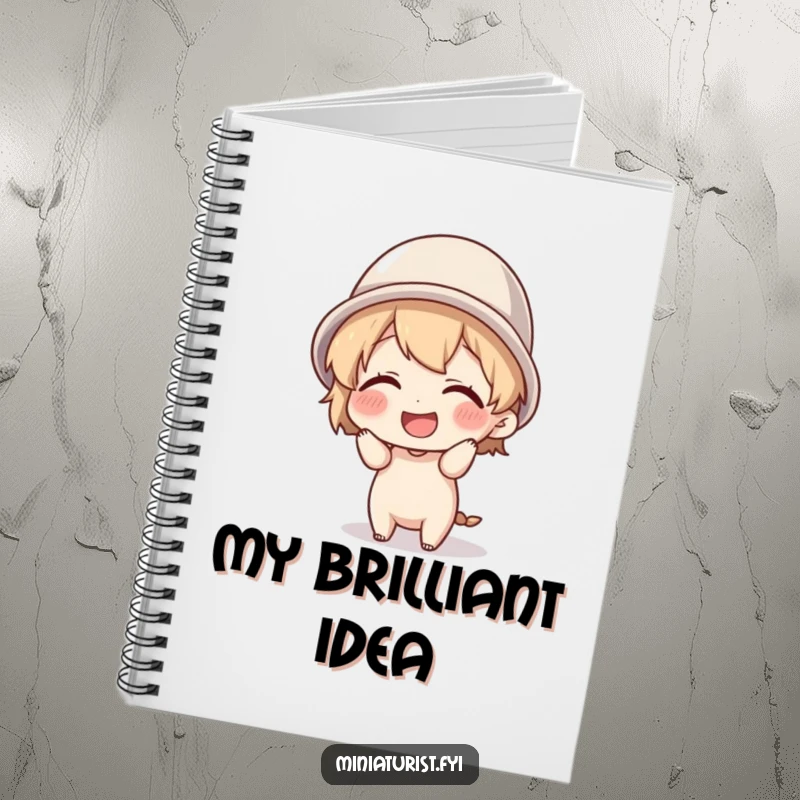 Funny tiny character giggling while attempting to wear a thimble as a hat, inside a handy notebook for all your ideas.