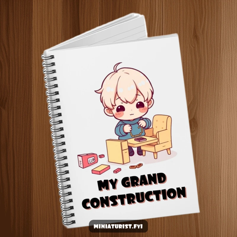 Funny notebook cover featuring a tiny character enthusiastically assembling miniature furniture, a humorous prompt for note-taking.