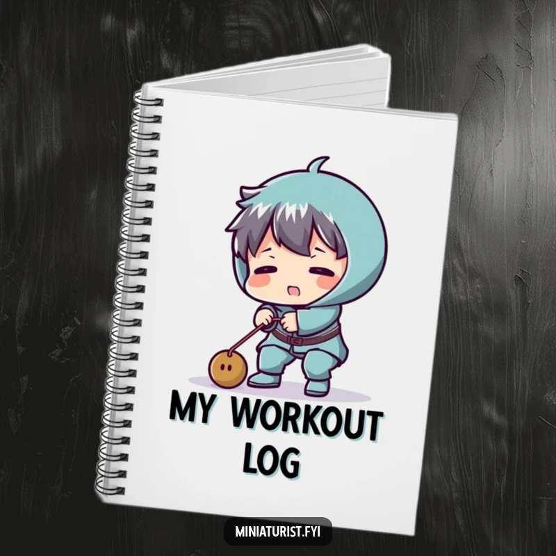 Funny notebook cover featuring a tiny character comically struggling to lift a minuscule weight, a humorous prompt for writing.