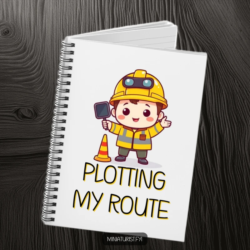Funny notebook cover with a tiny character in a construction hat directing miniature traffic, encouraging organized note-taking.