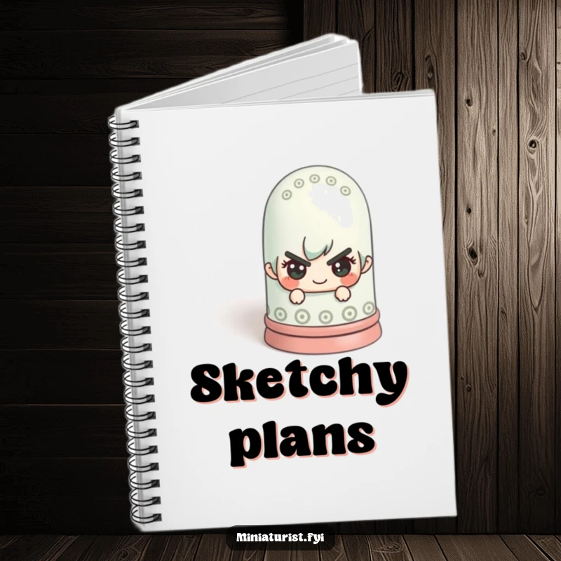 Funny miniature figure with a mischievous look hiding behind a colossal thimble on a notebook cover, encouraging playful note-taking.