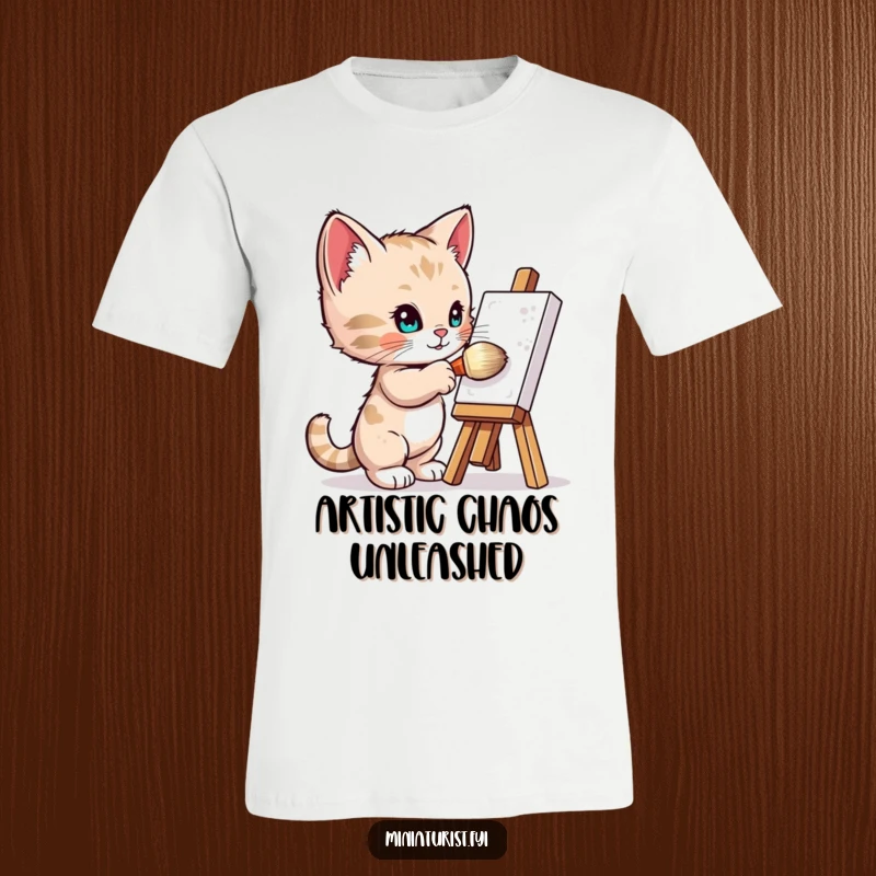 Funny T-Shirt: A tiny kitten enthusiastically painting a miniature easel with a giant brush, showcasing its artistic ambition.
