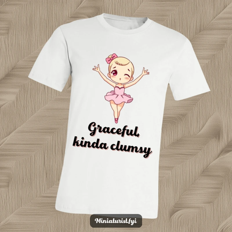 Funny miniature macaron t-shirt featuring a tiny character in an exaggerated ballet pose, full of humor.