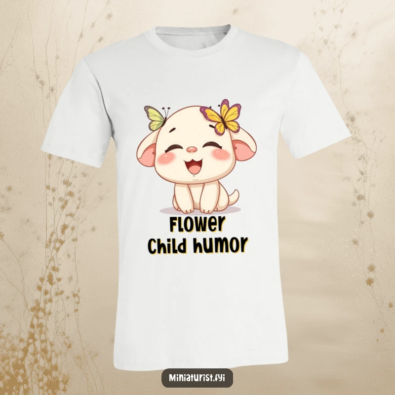 Funny t-shirt showing a miniature character laughing hysterically as a butterfly lands on its nose, depicting whimsical, humorous joy.