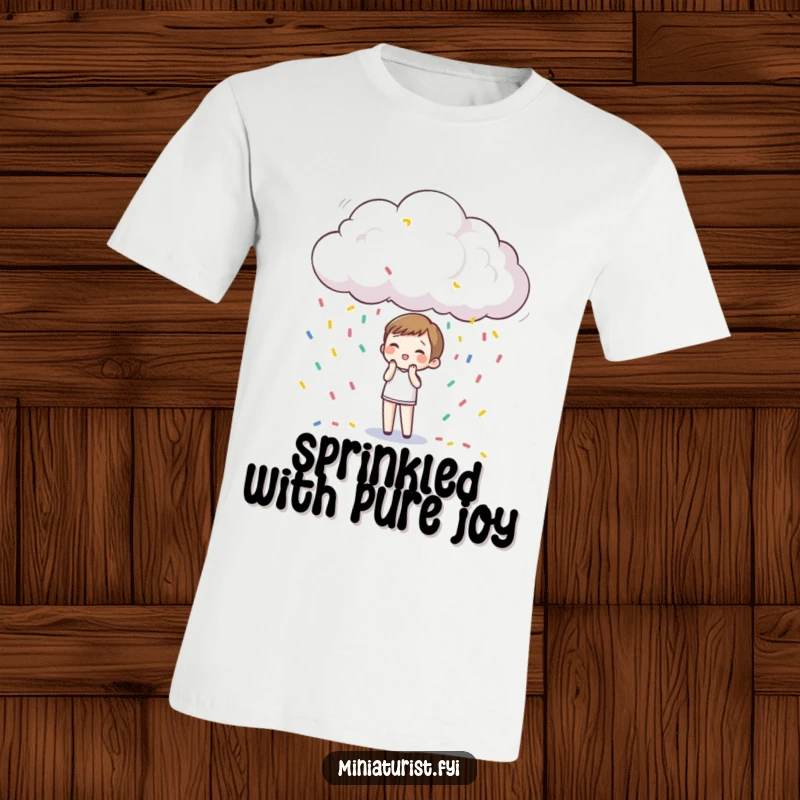 Funny T-Shirt: A small figure looks amazed as a tiny cloud above them releases a cascade of confetti.