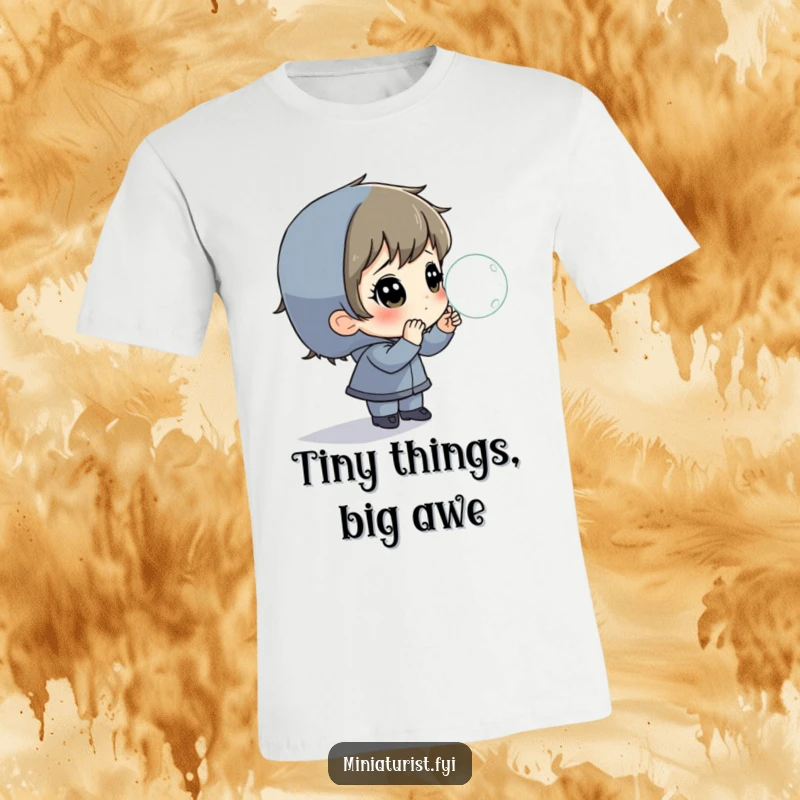 Funny T-Shirt of a small person looking in wonder at a magnified dewdrop, highlighting curiosity and awe.