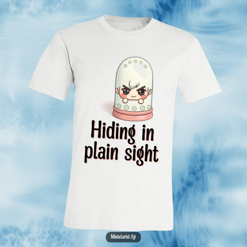 Funny miniature figure peeking mischievously from behind a giant thimble, printed on a t-shirt, embodying playful secrets.