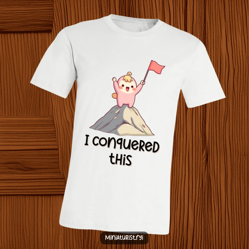 Funny t-shirt featuring a cute, excited character waving a miniature flag on a mountain summit, celebrating a funny, personal triumph.