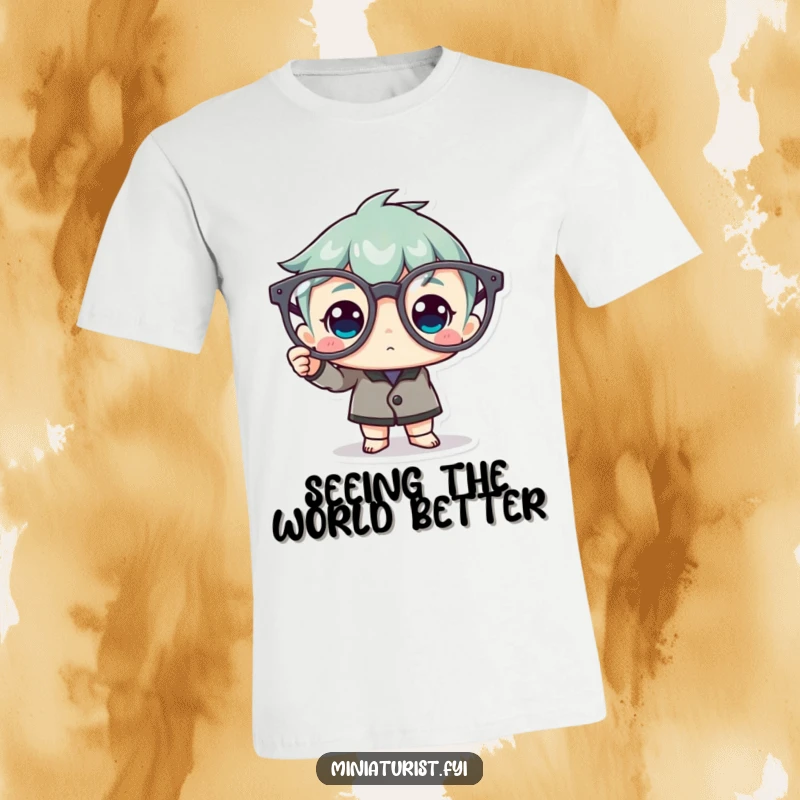 Funny T-Shirt: A tiny figure meticulously polishes a pair of gargantuan spectacles, emphasizing their grand size.