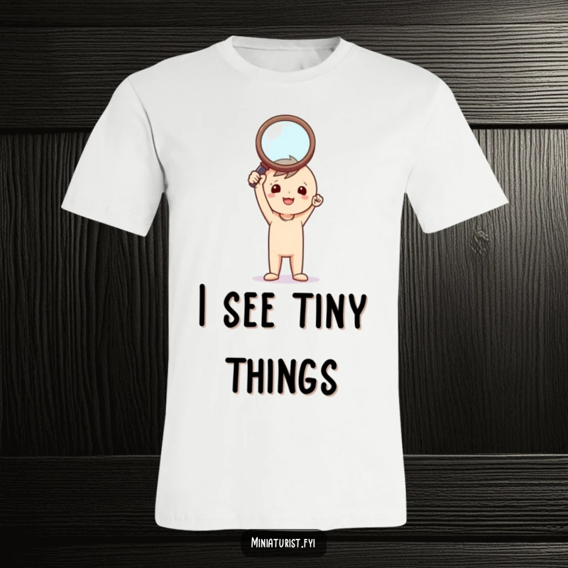 Funny Investigator T-Shirt: Small triumphant figure proudly holding a comically oversized magnifying glass, celebrating a major find.