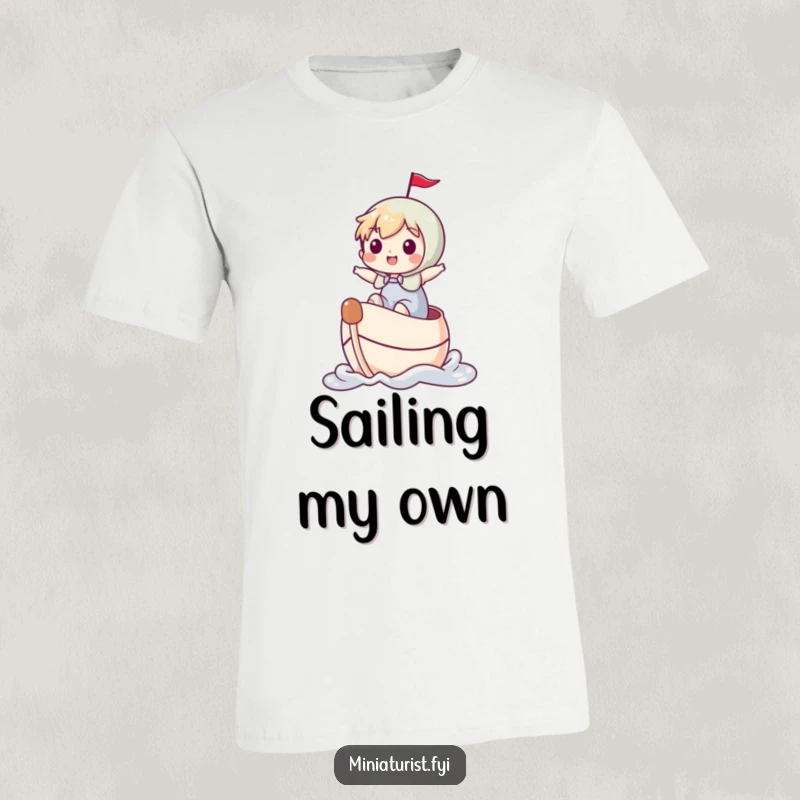 Funny miniature character joyfully sailing a thimble like a boat on a t-shirt, celebrating tiny adventures.