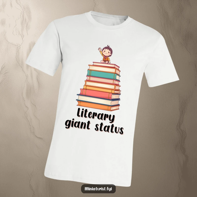 Funny t-shirt of a tiny figure waving enthusiastically from a stack of oversized books, humorous literary apparel.