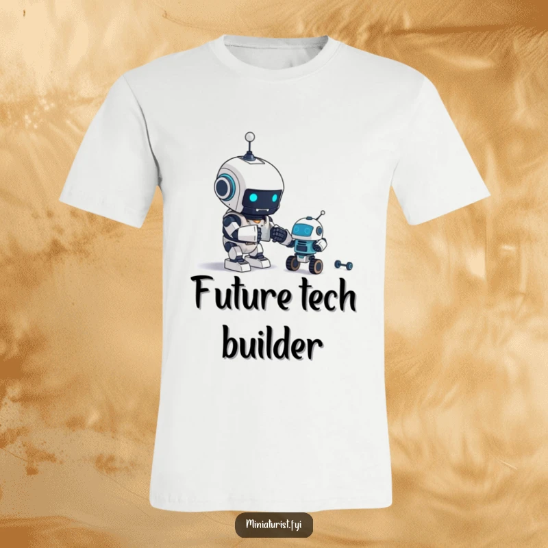 Funny T-Shirt: A tiny robot eagerly assembles a smaller robot, depicting a charming scene of technological creation.