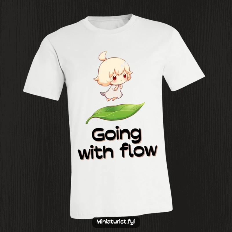Funny t-shirt showing a tiny character peacefully carried by a breeze on a floating leaf, embodying whimsical, humorous relaxation.
