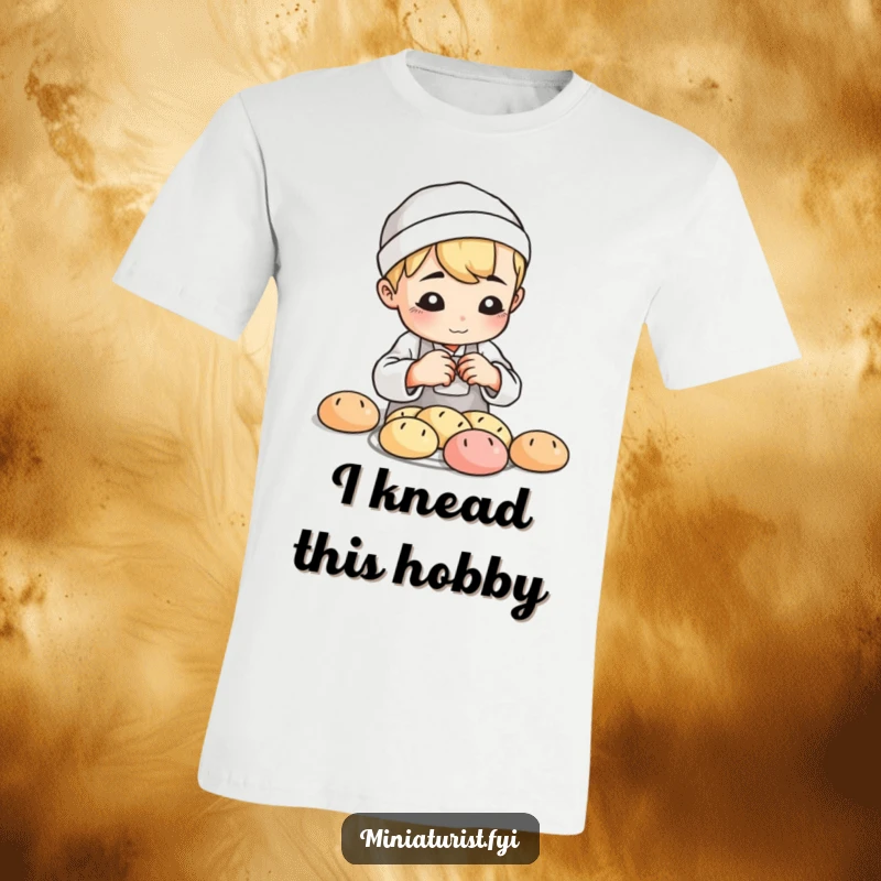 Funny Baker Loaf T-Shirt, cute figure shaping tiny clay bread loaves with playful focus, delightful baking art.