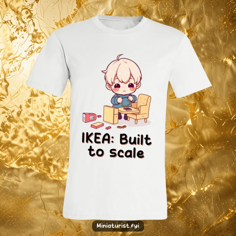 Funny t-shirt depicting a tiny character enthusiastically assembling minuscule furniture, showcasing their small but mighty efforts.