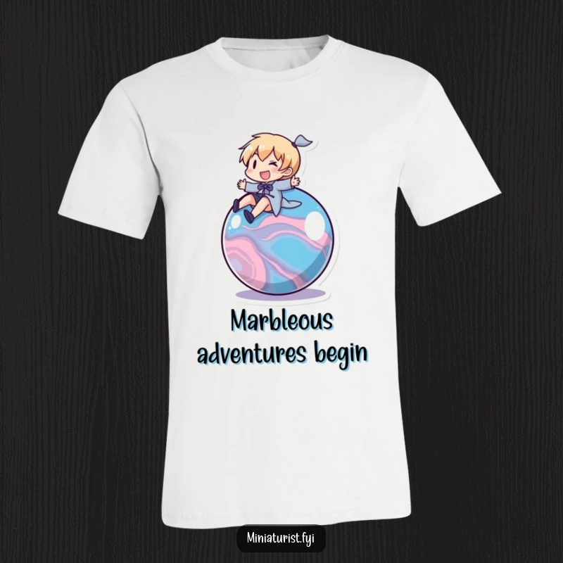 Funny Marble Rider T-Shirt: A small character gleefully riding a fast-rolling marble, perfect for adventure enthusiasts.