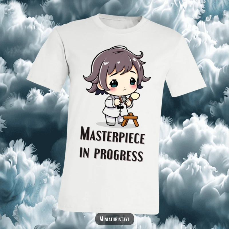 Funny Tiny Artist T-Shirt featuring a small figure with a minuscule paintbrush, about to add a fine detail, celebrating artistry with humor.