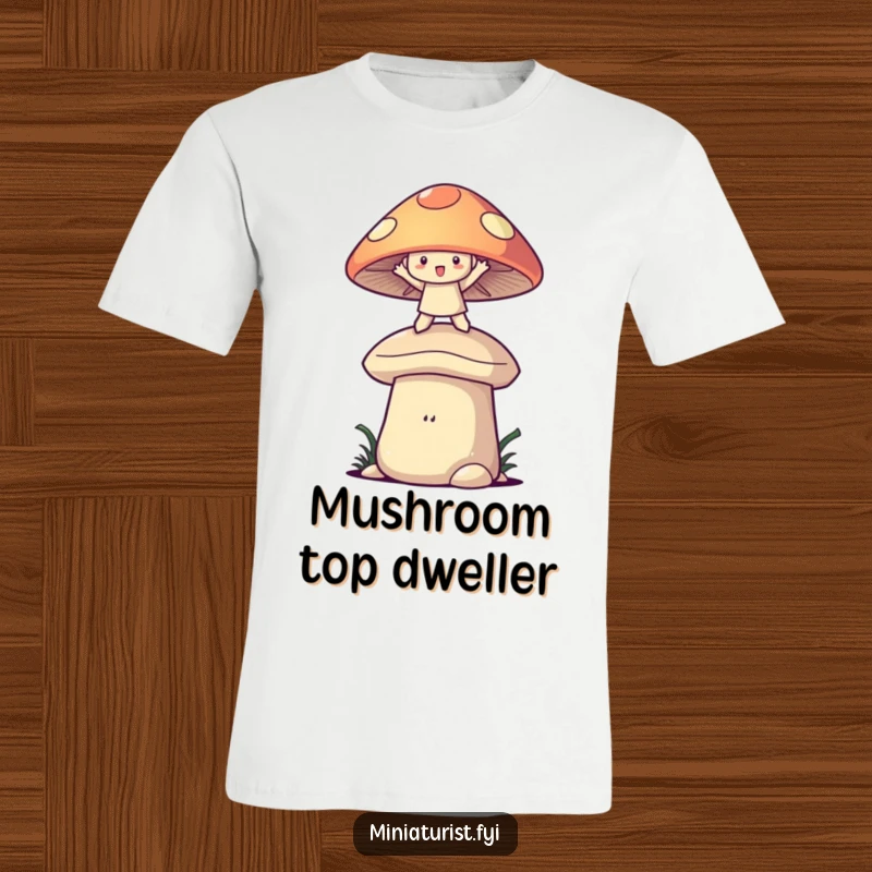 Funny t-shirt featuring a small character gleefully balancing on a huge mushroom cap with arms spread, embodying playful adventure.