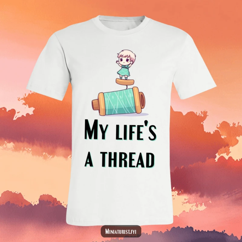 Funny t-shirt depicting a miniaturist character in a comical balancing act atop a massive spool of thread, great for crafters.