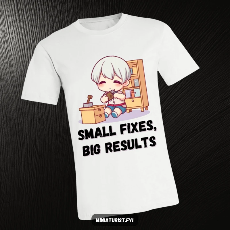 Funny Tiny Fixer T-Shirt featuring a small figure with a tool adjusting miniature furniture, highlighting handy skills with humor.