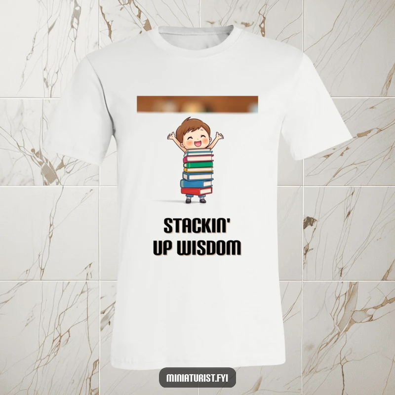 Funny t-shirt featuring a miniature person balancing an impossibly small stack of books with pure joy, highlighting intellect and fun.