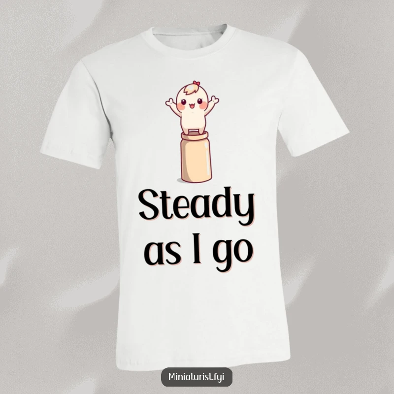 Funny tiny character wildly waving arms while balancing on a thimble, printed on a comfortable and vibrant t-shirt.