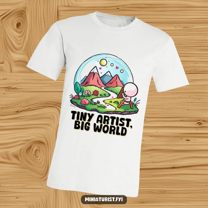Funny Artist Landscape T-Shirt, small figure painting a tiny landscape with vibrant, happy brushstrokes, expressing creativity.