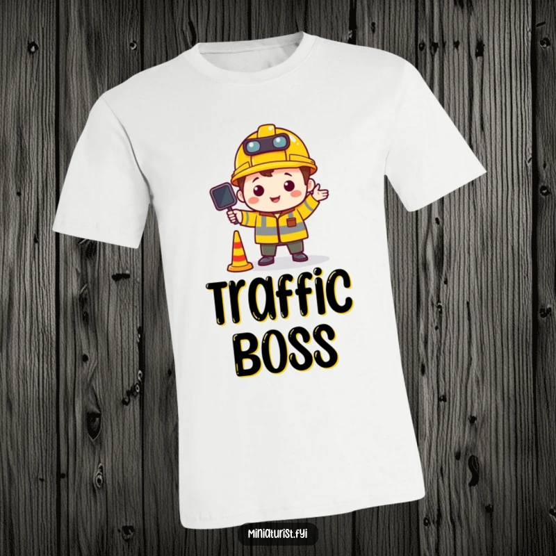 Funny t-shirt depicting a miniature character wearing a construction hat and directing tiny traffic, highlighting order and playful authority.
