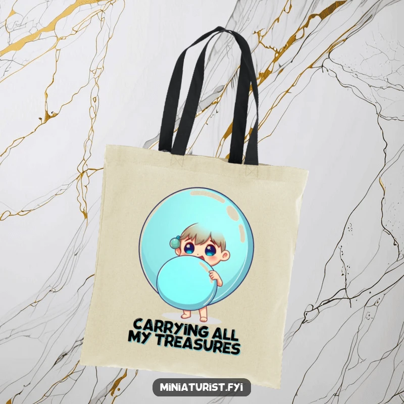 Funny tote bag showing a small person surprised and delighted holding an enormous shiny button, a joyful accessory.