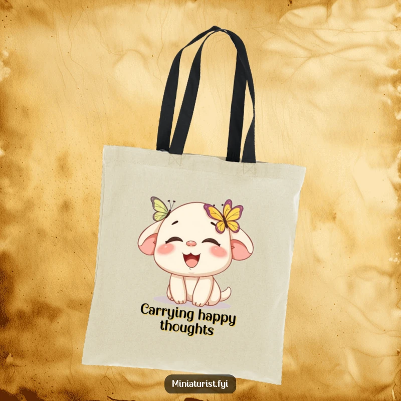 Funny tote bag featuring a miniature character laughing as a butterfly lands on its nose, perfect for humorous, whimsical carrying.