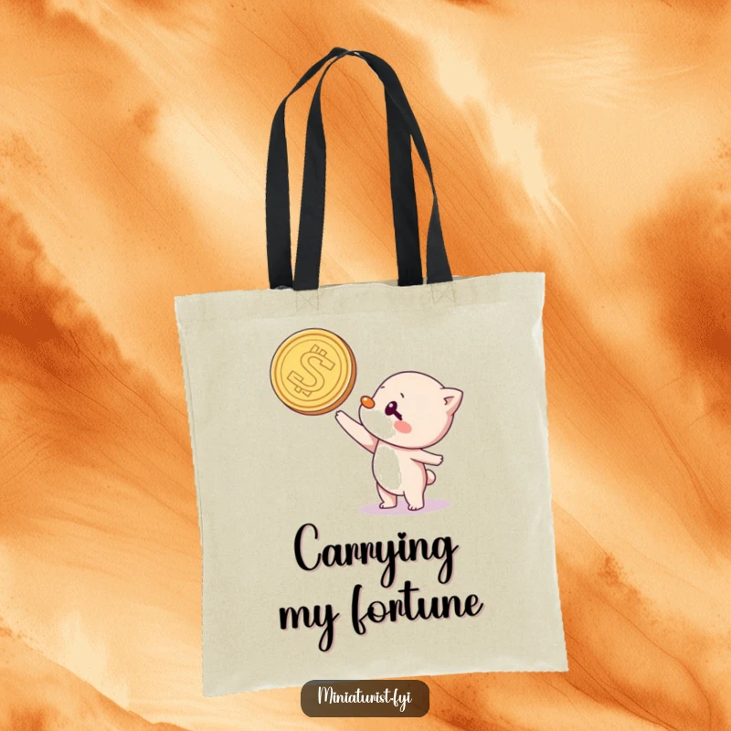 Funny tote bag with a small character balancing a huge coin on its nose, representing comical ambition and everyday challenges with charm.