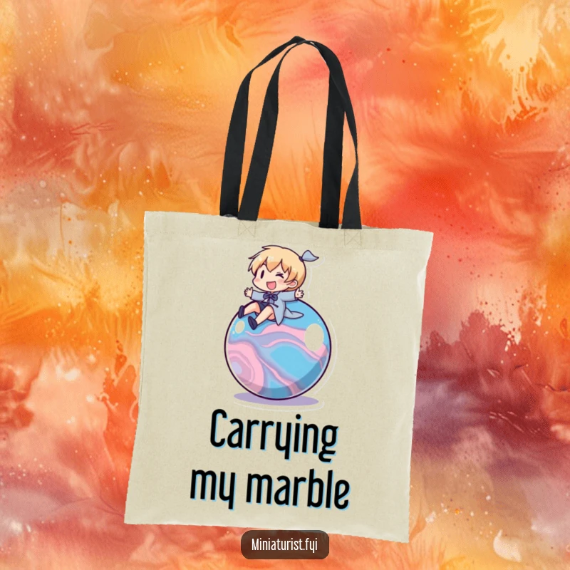 Funny Marble Rider Tote Bag: A small character riding a marble, perfect for carrying essentials with a smile.