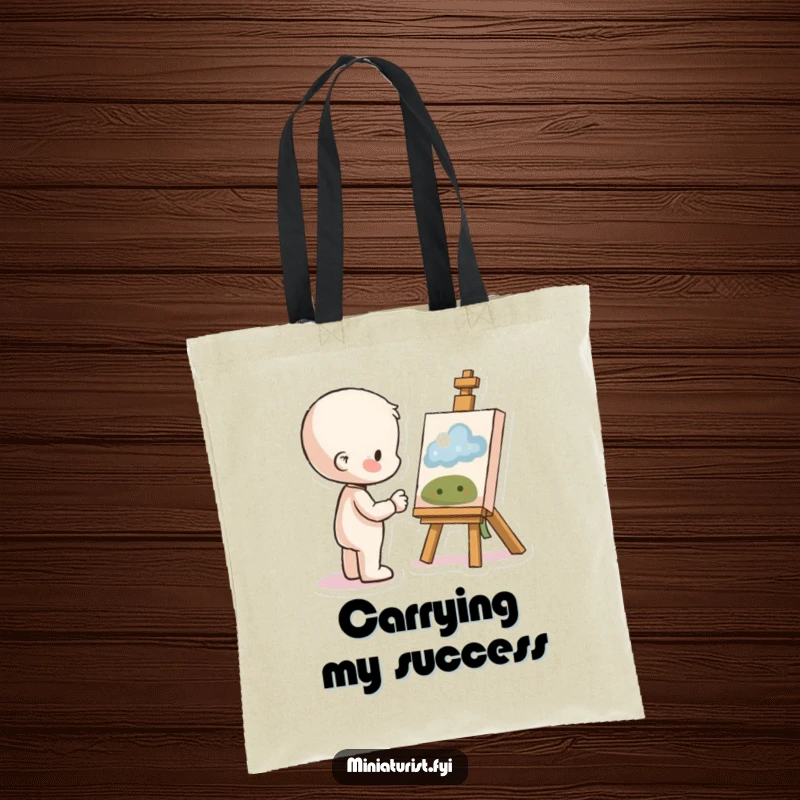 Funny Proud Artist Tote Bag showing a small figure admiring tiny art with pride, a humorous and practical accessory for carrying essentials.