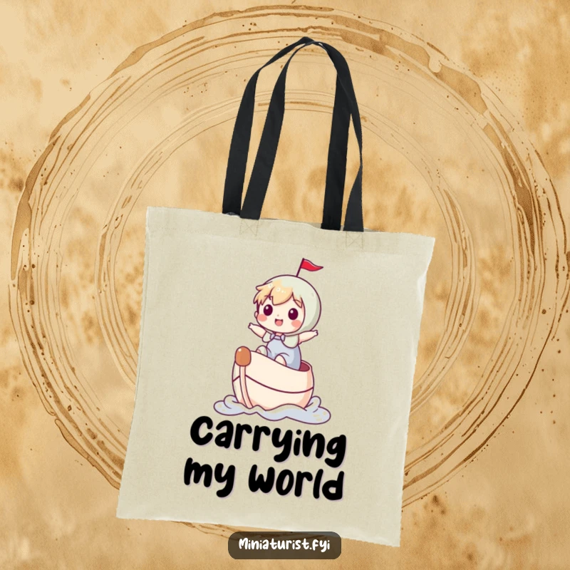 Funny miniature character joyfully riding a thimble like a boat, designed for a whimsical and humorous tote bag.