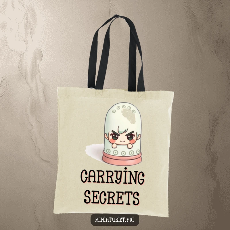 Funny miniature figure peeking mischievously from behind a giant thimble on a tote bag, showcasing playful style.