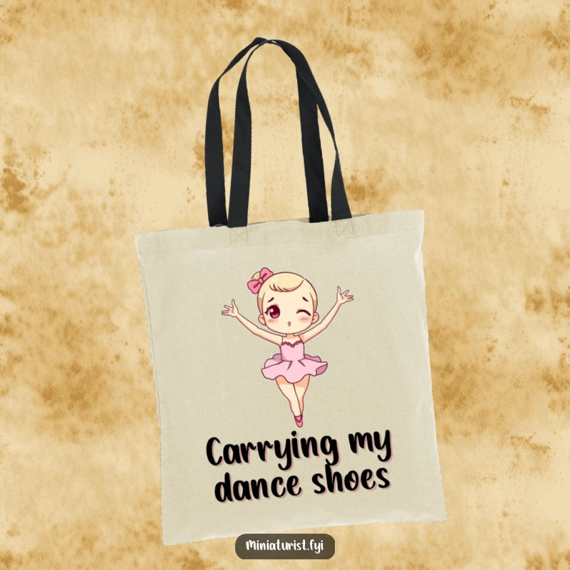 Funny miniature macaron tote bag with a tiny character in an exaggerated ballet pose, great for dance gear.